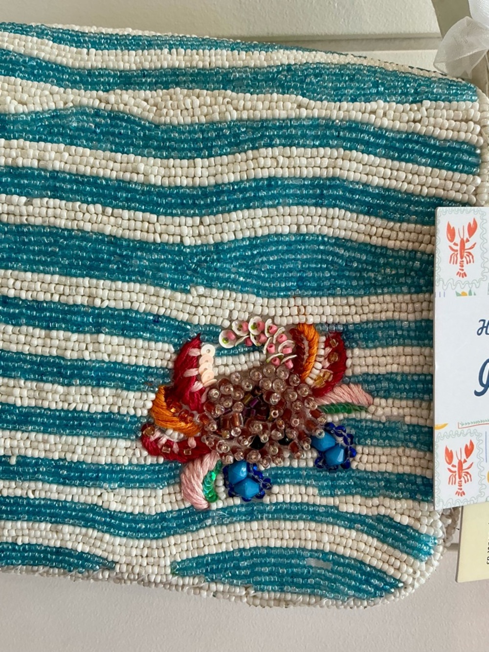 VIRAL Beaded Clutch with Embroidered crab Accent - Teal & White